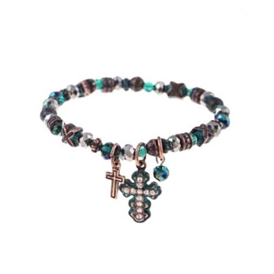 Turquoise Beaded Crystal Cross Charm Stretch Bracelet